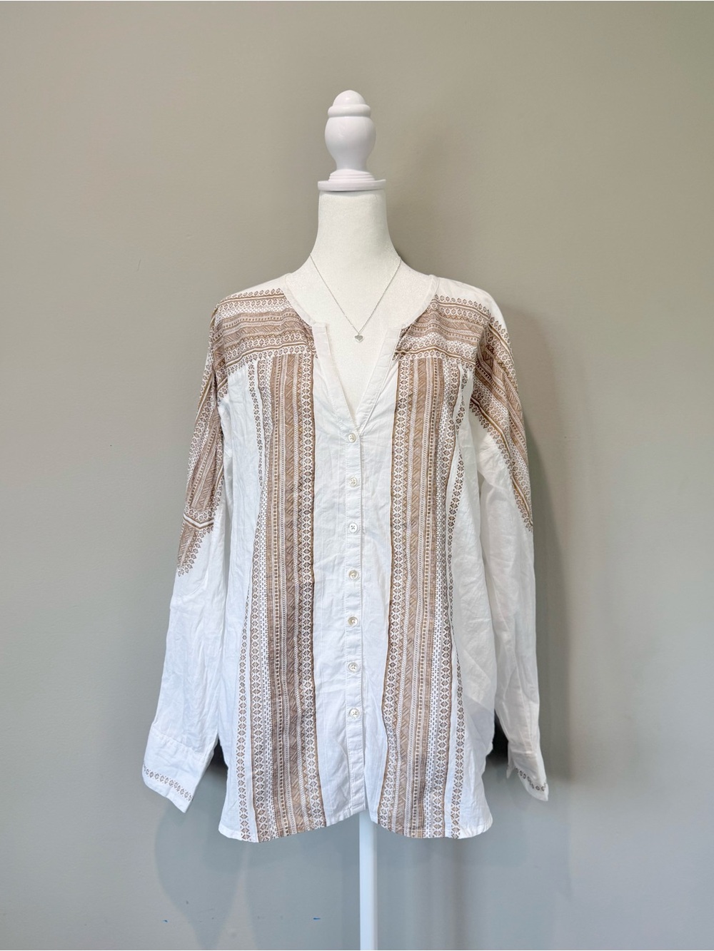 Sundance White & Tan Cotton Western Aztec Button-Up Blouse